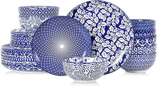 Selamica Ceramic Plates and Bowls Sets,24 Pieces Dinnerware Sets for 8,Scratch Resistant Dish Set for family gathering,Dishwasher & Microwave Safe, Vintage Blue