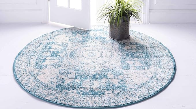 Unique Loom Bromley Collection Area Rug - Wells (8' Round, Turquoise/ Ivory)