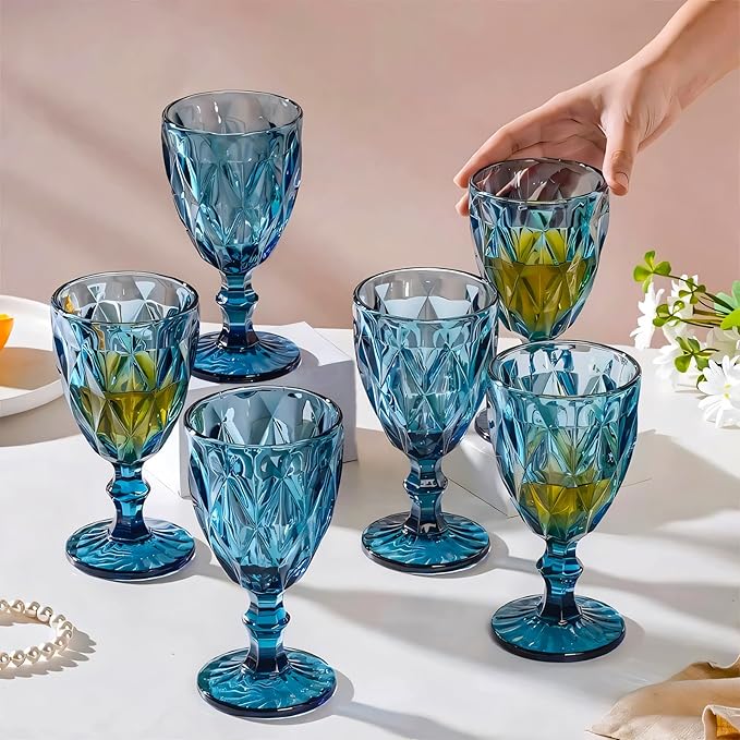 48 Pack Vintage Wine Glasses, Plastic Reusable 12 Ounce Colored Water Goblets, Unique Embossed Pattern Unbreakable Stemmed Wine Glasses High Clear Wedding Party Bar Drinking Cups Blue