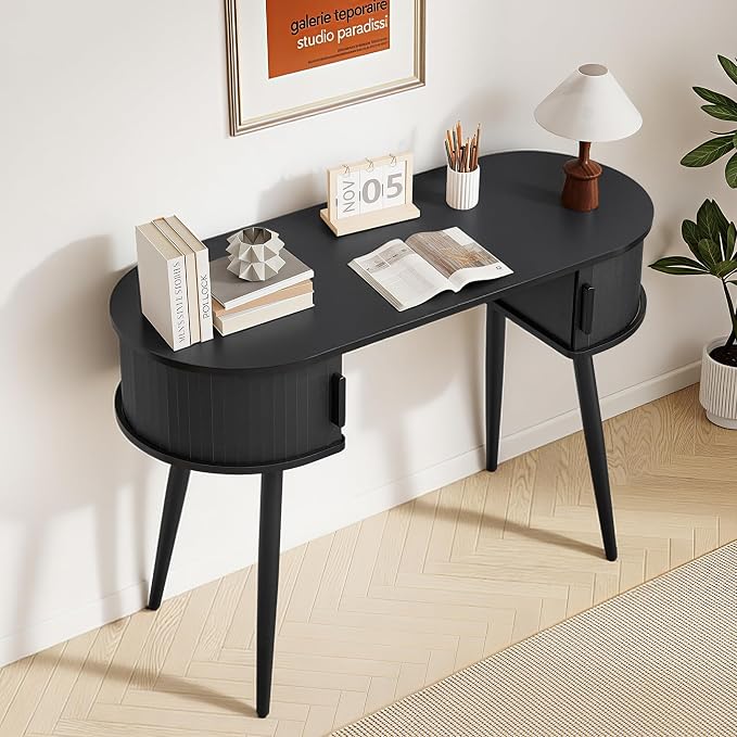 43" Mid-Century Writing Desk with Storage, Mid-Century Modern Home Office Wood Writing Desk for Bedroom, Small Table Compact Workstation for Living Room, Study (Black)