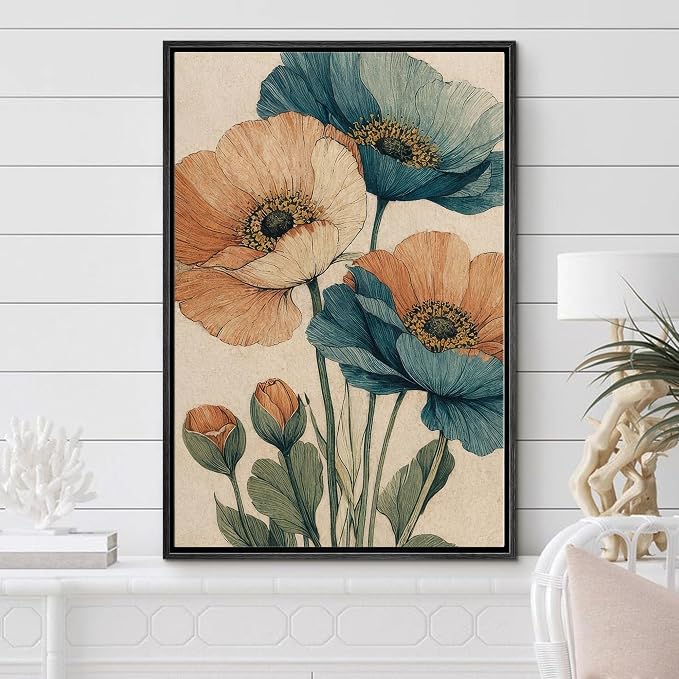 Woodrose Framed Canvas Print Wall Art Vintage Poppy Flowers Botanical Illustrations Modern Art Minimalist 3D Colorful Ultra for Living Room, Bedroom, Office - 16"x24" BLACK