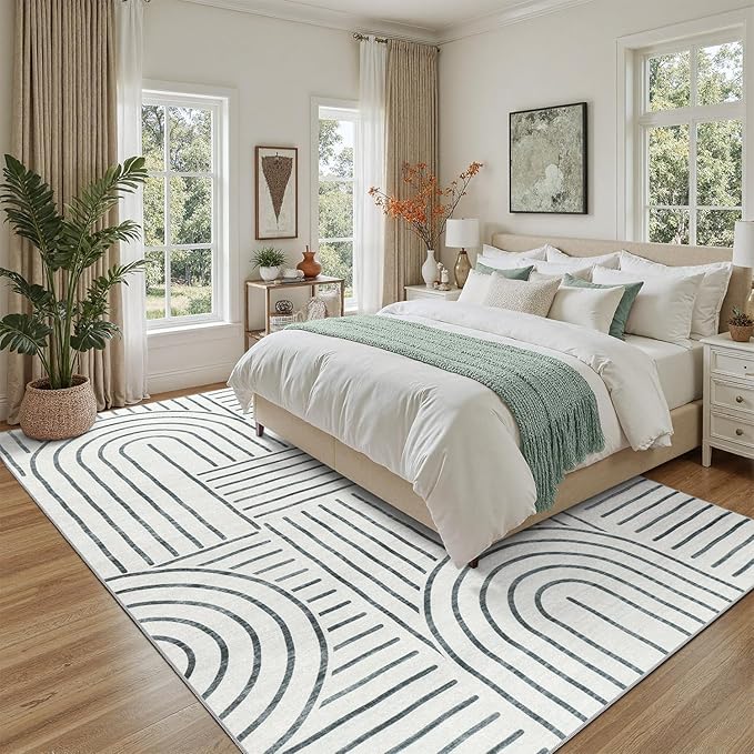 DCX Abstract Machine Washable 9x12 Rug, Gray Modern Accent Rug for Living Room, Soft Low Pile Non Slip Carpet, Kid & Pet Friendly Stain Resistant Rug for Bedroom Dining Room Office