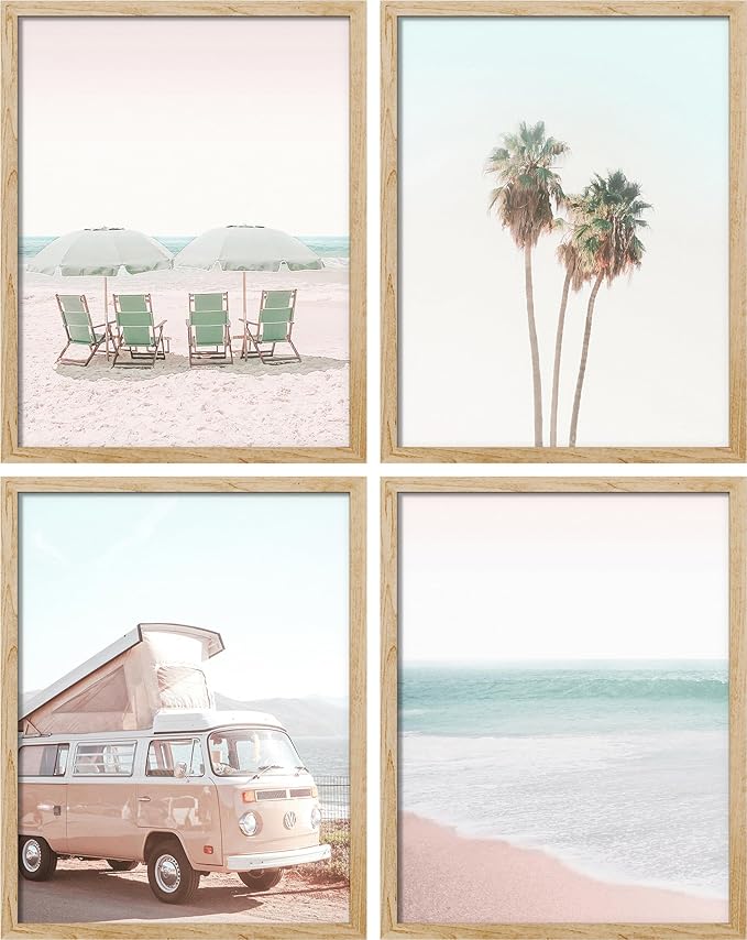SIGNWIN Framed Collage Print Gallery Set 1980s Retro Miami Wall Art, Set of 4 Beach Landscape Wall Decor Prints, Nature Wilderness Wall Décor for Living Room, Bedroom - 12"x16" Natural