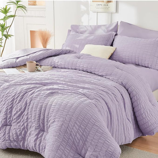 HYMOKEGE Lavender Twin Comforter Set Seersucker 5 Pieces, All Season Luxury Bed in a Bag for Bedroom, Bedding Set with Comforters, Sheets, Pillowcase & Shams