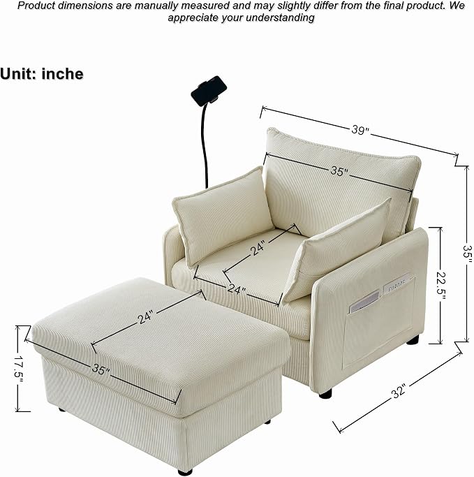 55" Modern Accent Chair with USB Ports, Storage Ottoman & Adjustable Holder, Corduroy Chaise Lounge for Reading in Apartment Living Room (Beige)