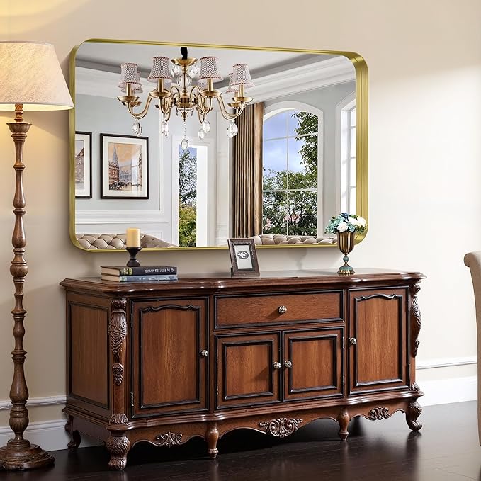 CIRCUMI Gold Bathroom Mirror, 36"x55" Rectangular Mirror with Deep Metal Frame, Rounded Corner, Tempered Glass, Large Mirror for Wall, Over 2 Sinks, Installed Vertically/Horizontally, Crystal-Clear