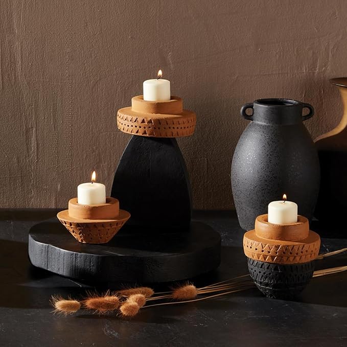 47th & Main Votive Candleholder Large Boho Terra Cotta Candle Holder, 7" Tall, Abstract Slab