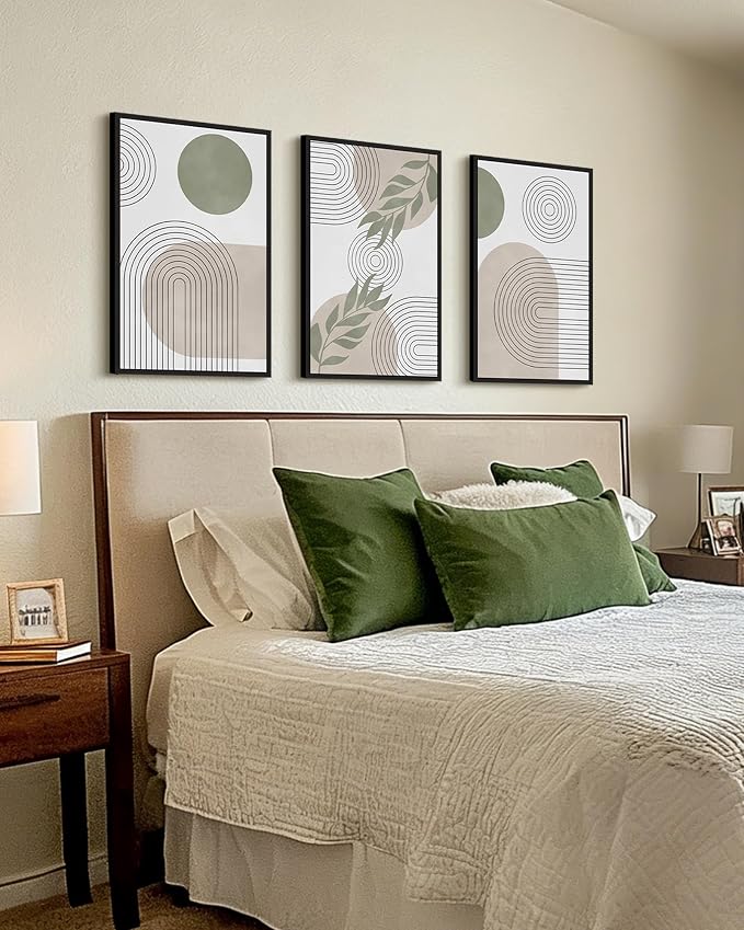 Drsoum Green Bohemian Wall Art Framed Boho Plant Sage Wall Decor Abstract Geometry Artwork Bedroom Home Office Living Room Prints Ready to Hang 16x24in Black Framed