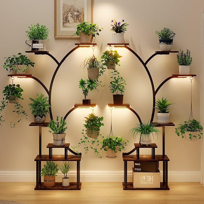 VECELO Plant Stand with Grow Light, 8-Tier Plant Shelf for Multiple Pots , 62" Corner Plant Stand Indoor for Living Room Patio Home Decor