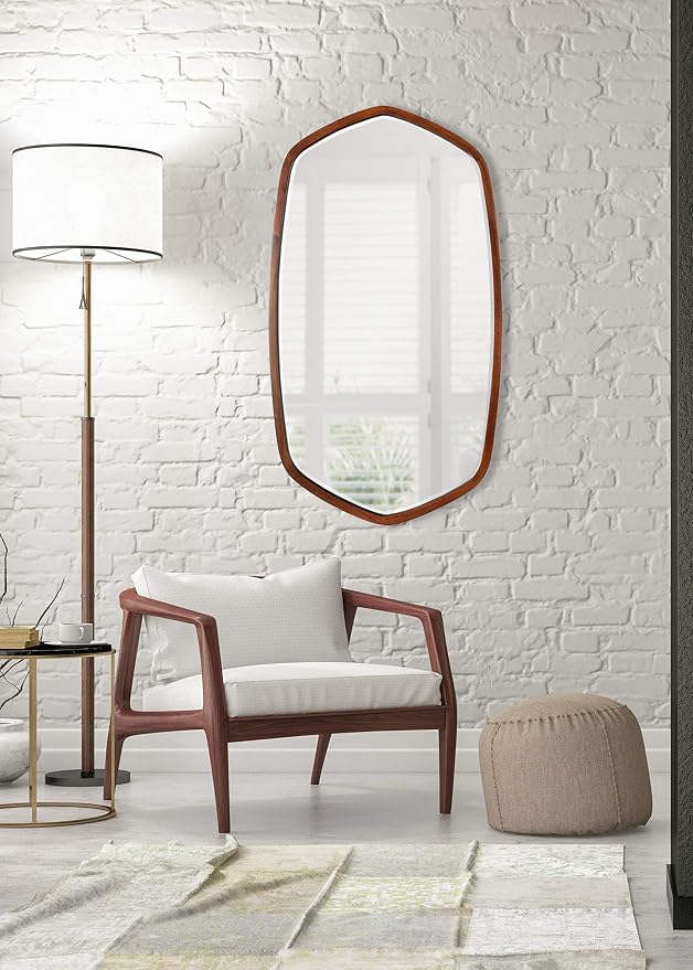 Kate and Laurel McLean Modern Wood Framed Oblong Hexagon Wall Mirror, 26 x 30, Walnut Brown, Decorative Geometric Mirror for Wall