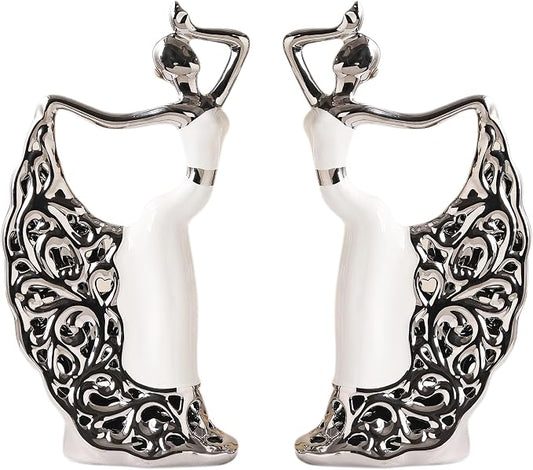 2 Pcs Ceramic Statues Home Decor, Dancer Women Sculpture Figurine, Modern Aesthetic Abstract Art Decorative Accent for Living Room Bedroom Bookshelf Dining Table Centerpiece Office (White and Silver)