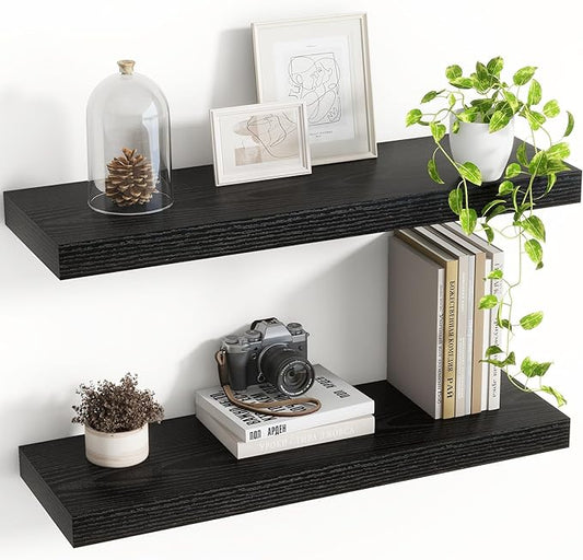 24 Inch Floating Shelves, 8 Inch Deep Floating Shelves for Wall, Hanging Shelf with Invisible Brackets, Deep Shelves for Bathroom, Bedroom, Living Room, Black, Set of 2