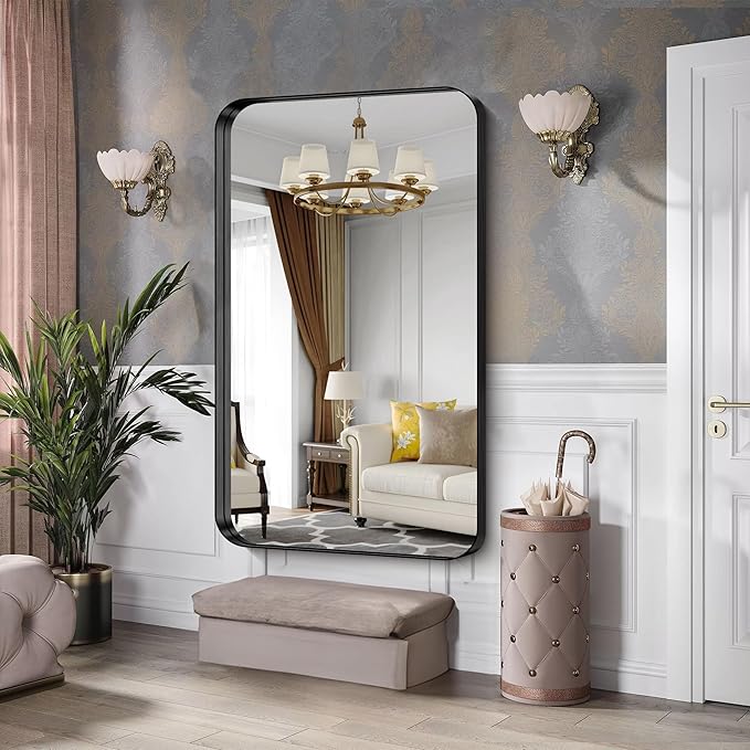 CIRCUMI Black Bathroom Mirror, 36"x60" Rectangular Mirror with Deep Metal Frame, Rounded Corner, Tempered Glass, Large Mirror for Wall, Over 2 Sinks, Installed Vertically/Horizontally, Crystal-Clear
