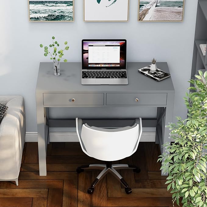 ChooChoo Computer Desk Study for Home Office, Modern Simple 40 Inches Desk with Drawers, Makeup Vanity Console Table, Grey