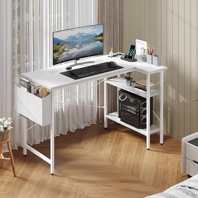DUMOS 39" Corner Gaming Desk, L Shaped Computer Desk with 3AC+2USB+1Type-C Power Strip, Storage Shelves & Side Hanging Fabric Organizer, White Gaming Workstation for Home Office and Bedroom
