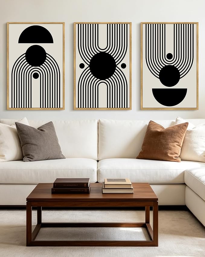 KUVIOKE Black Abstract Framed Wall Art Minimalist Geometry Lines Painting Artwork for Living Room Bedroom 24x36in (Natural Framed)