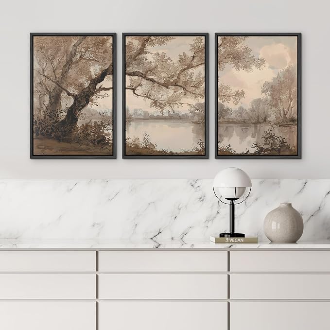 wall26 Framed Print Wall Art Set Sepia Watercolor Lakeside Tree Landscape Decorative Minimal Relax/Zen for Living Room, Bedroom, Office - 16"x24"x3 BLACK