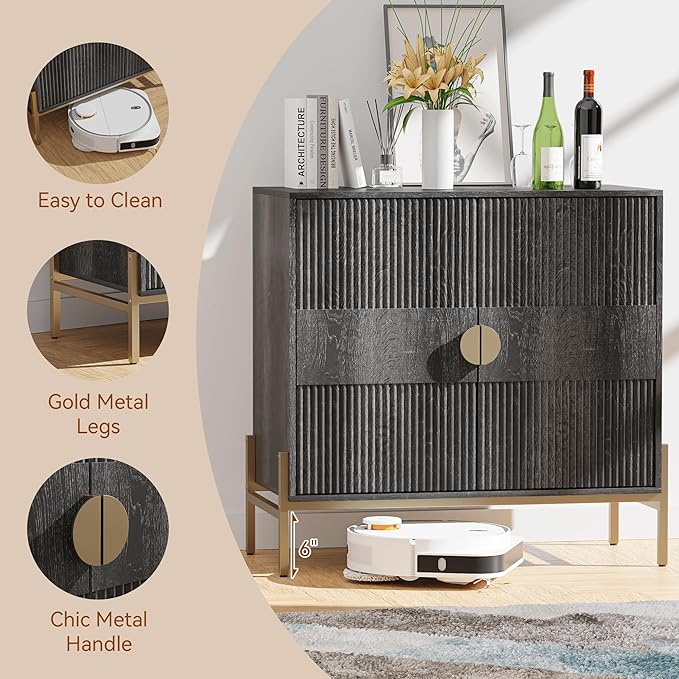 30.7" Accent Cabinet, Modern Buffet Cabinet with Gold Metal Legs, Fluted Sideboard for Dining Room, Kitchen, Darkgrey