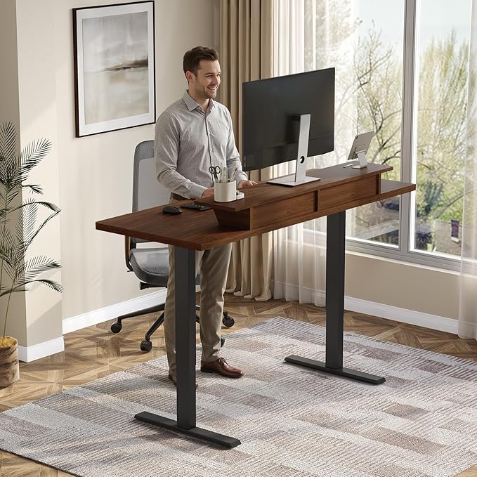 63 x 24 Inches Electric Standing Up Desk with Monitor Shelves,Height Adjustable Computer Desk from 28-46''with Memory Controller,Modern Home Office Desk for Work,Study,Walnut