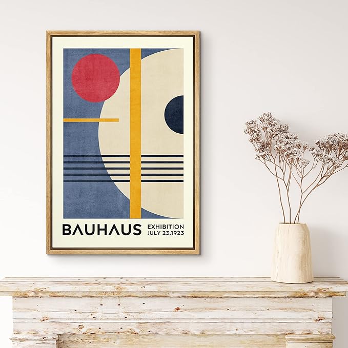MUDECOR Framed Canvas Print Wall Art Red & Blue Bauhaus Geometric Display Abstract Shapes Illustrations Fine Art Mid-Century Modern Multicolor for Living Room, Bedroom, Office - 16"x24" Natural
