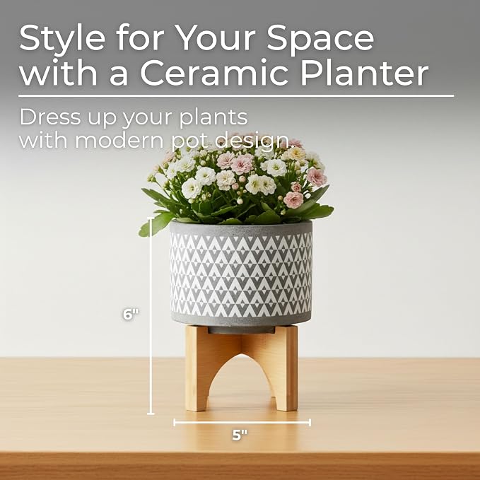 Aztec Decorative Planter Pot on Wooden Stand – Ceramic Stoneware Outdoor & Indoor Plant Pot with Gray Geometric Pattern – Modern Garden & Home Decor Ceramic Planters – 6", Gray