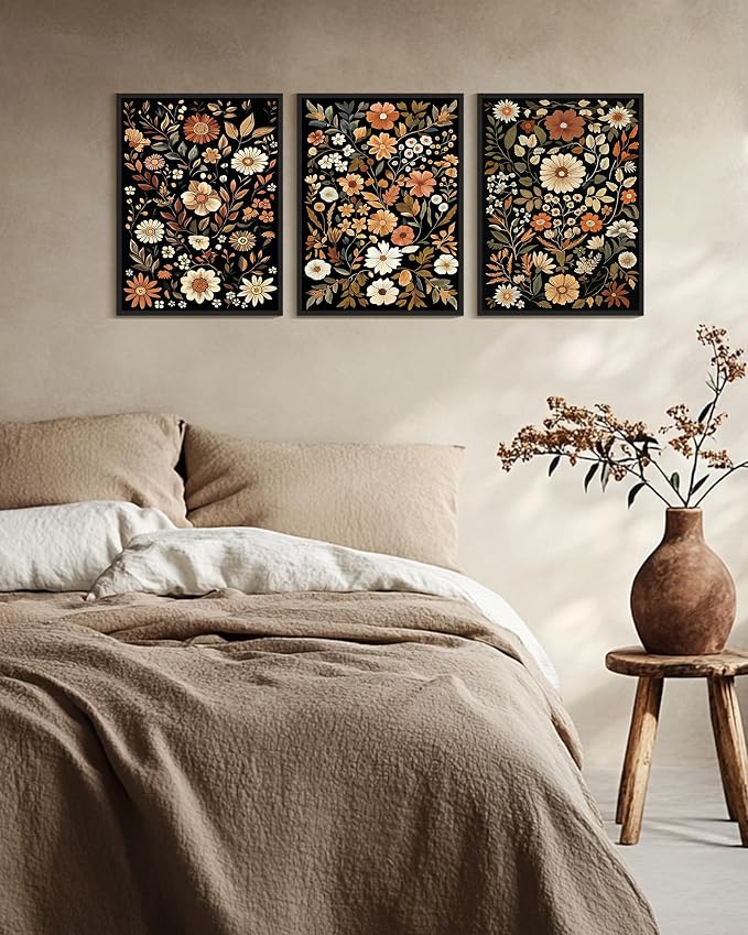 KUVIOKE Orange Vintage Flower Framed Wall Art Boho Floral Wall Decor Retro Wildflower Modern Art Prints for Living Room Bedroom 12x16in (Black Framed)