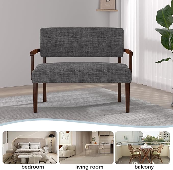 Accent Chair 2 Seat, Upholstered Reading Leisure Chair, Bench with Solid Wood Frame for Dining, Reading, and Waiting Rooms (Gray)