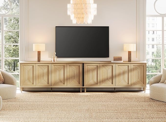 WAMPAT 130-inch Handcrafted Patchwork Decorative Buffet Cabinet with Pop-Up Design Doors,2-in-1 Large Modern Farmhouse Accent Credenza for Coffee Bar, Kitchen, and Living Room, Natural Oak