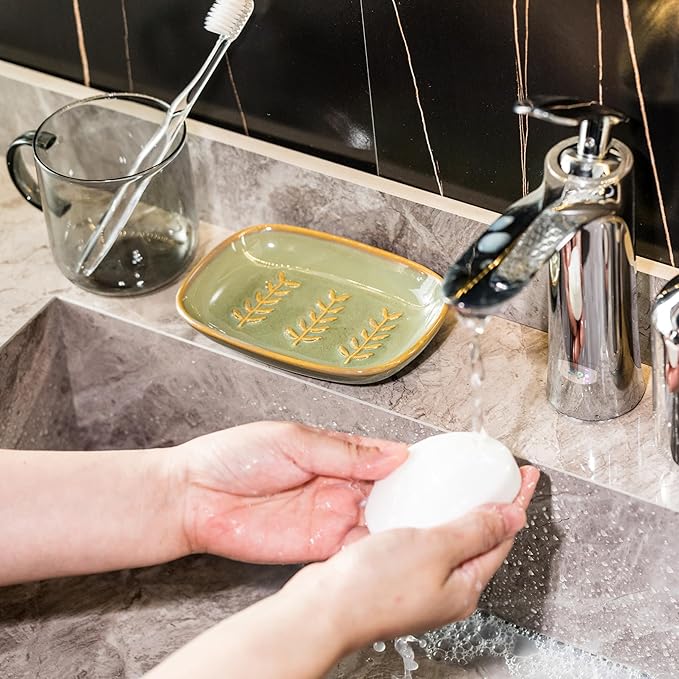 Soap Dish Soap Holder Shower, Ceramic Soap Dishes for Bar Soap Sponge, Shower Soap Dish Soap Saver Tray for Bathroom Kitchen Sink, Easy to Clean, Green (Pack of 2)
