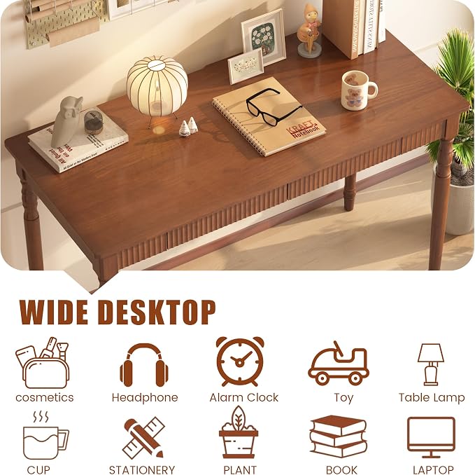 Solid Wood Desk with Drawers - 48 Inch Mid Century Modern Writing Desk,Simple Study Table Home Office Desks for Small Spaces,Easy Assembly Desks for Bedroom, Living Room&Office-Walnut Color