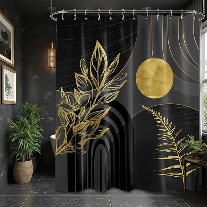 Black and Gold Shower Curtain Boho Mid Century Black and Dark Grey and Gold Shower Curtains for Bathroom Decor, Waterproof Cloth Fabric with Hooks, 70" W x 78" L