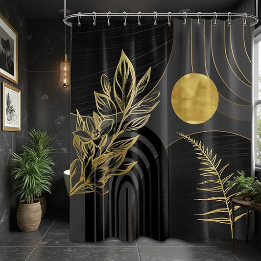 Black and Gold Shower Curtain Boho Mid Century Black and Dark Grey and Gold Shower Curtains for Bathroom Decor, Waterproof Cloth Fabric with Hooks, 70" W x 78" L