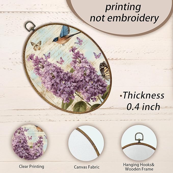 AEHIE Vintage Lilac Floral Bird Oval Wall Art Decor, Cottagecore Lilac Flower Butterfly Canvas Artwork Framed, Bird Floral Picture Oval Wall Art for Home Bedroom Living Room Decor, 11x8.5 Inches