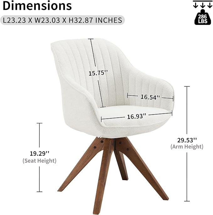 Art Leon Desk Chair No Wheels, Mid Century Modern Office Chair, Swivel Accent Chair with Oak Wood Legs, Fabric Upholstered Arm Chair, Ivory