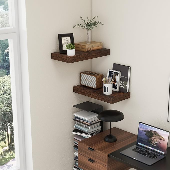 Deep Floating Shelves | 24 Inch Brown Floating Shelves Set of 2 | 12 Inch Deep Rustic Wood Shelves for Wall | 24" W x 12" D Brown Shelves for Living Room Bathroom Laundry Room Kitchen