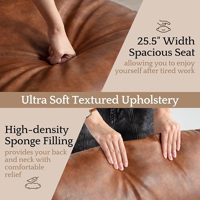 LukeAlon Modern PU Leather Accent Armchair, Upholstered Lounge Chair with Brass Metal Frame Thickened Cushion Comfy Leisure Chair with Lychee Grain for Bedroom Living Room, Brown