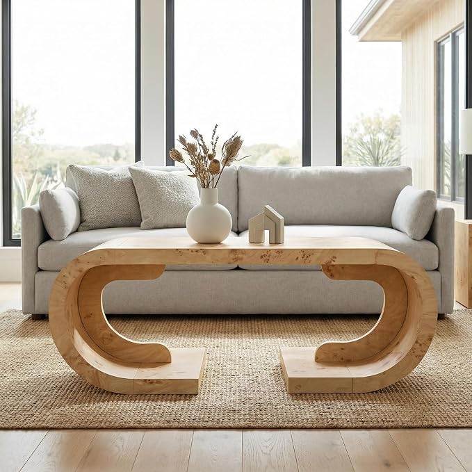SSLine Mid-Century 47.24" Curved Coffee Table with Pedestal Base Burl Wood Veneer Natural Grain Top Center Table C-Shaped Center Tables for Living Room Bedroom