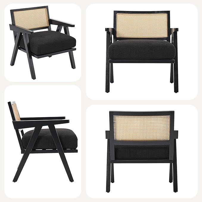 Mid Century Modern Accent Chair, Comfy Living Room Chairs with Sturdy Wood Legs, Rattan Backrest & Beige Thick Linen Cushion, Armchair for Bedroom Balcony Apartment, Black
