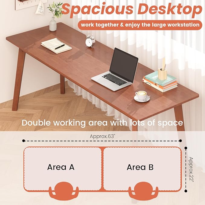 Solid Wood Desk with Large Desktop - 63" Mid Century Modern Executive Desks, Farmhouse Home Office Computer Desks for Two People, Writing Study Table | 2 Person Desk for Any Room-Walnut
