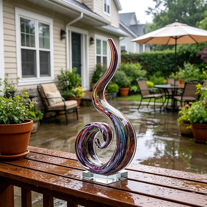Hand Blown Murano Style Glass Sculpture, 14" Single Spiral Flame Abstract Art Figurine Collectible, Modern Home Decor for Living Room Office Aquarium, Unique Gift for Art Lovers