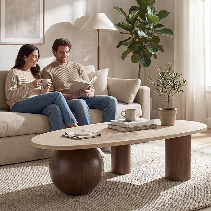 55" Modern Cloud Coffee Table for Living Room, Travertine-Pattern Top Irregular Coffee Table with Walnut Wood Finished Legs, Modern Indoor Accent Center Table for Living Room Bedroom