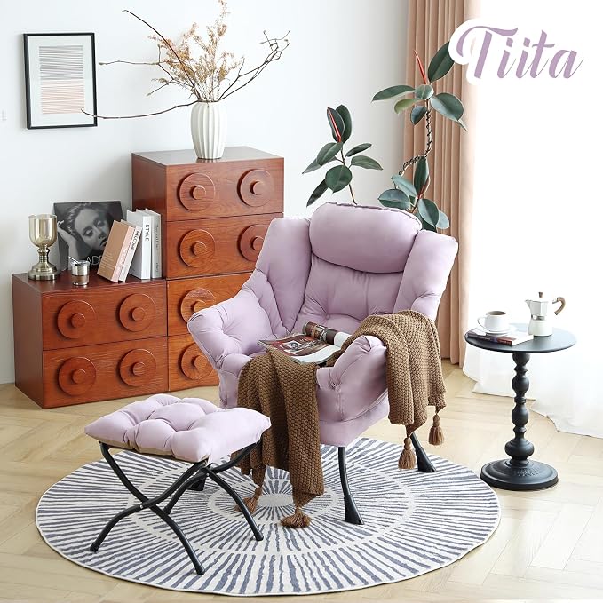 Tiita Lazy Chair with Ottoman, Purple Modern Large Accent Chair, Comfy Leisure Sofa Armchair with Ottoman, Reading Chair with Footrest for Bedroom, Living Room, Dorm Rooms, Purple