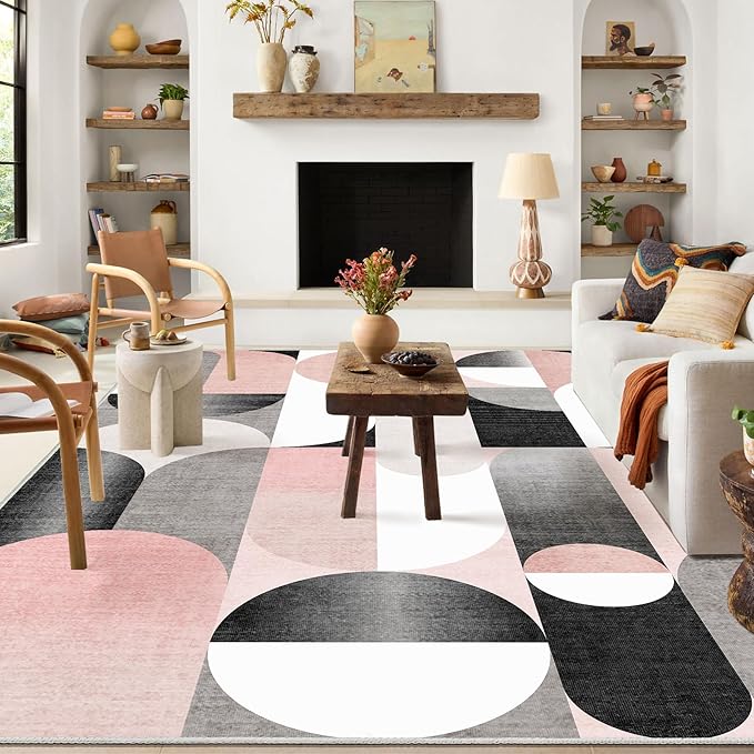 6x9 Area Rugs Pink Washable Rug for Living Room Bedroom,Large Modern Non Slip Carpet for Kitchen Dining Room,Blush Grey Black