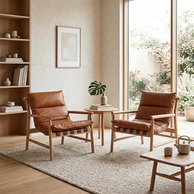 Faux Leather Accent Chair Set of 2 Mid Century Modern Living Room Chairs Comfy Arm Chair with Solid Wood Frame Upholstered Lounge Reading Chair Cozy Recliner for Bedroom/Guest Room, Brown