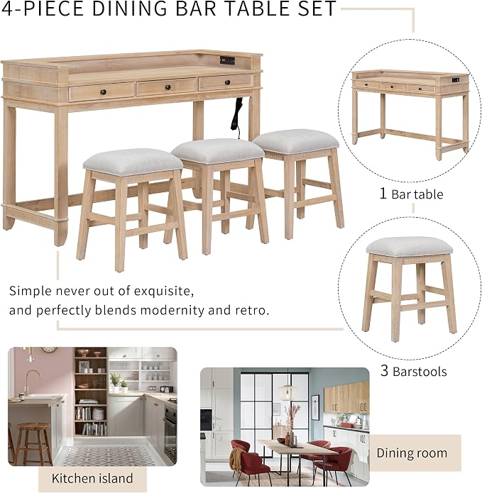 VilroCaz 4-Piece Counter Height Extra Long Dining Table Set with 3 Drawers and Upholstered Stools, Rubber Wood Dining Table Set Home Bar Table Set with Footrest and USB Port (Natural-B1)