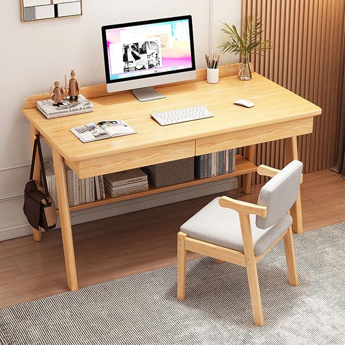 Writing Desk, Home Office Workstation Computer Desk Mid-Century Modern Walnut Desk with 2 Drawers and Storage Shelves(47 Inch, Oak)