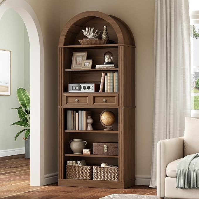 RALGEND Arched Bookshelf, 73" Tall Arch Bookcase with Drawer, 6-Tier Farmhouse Book Shelf, Wooden Bookshelf with Open Display Shelves for Living Room, Office, Adjustable Shelf, Walnut