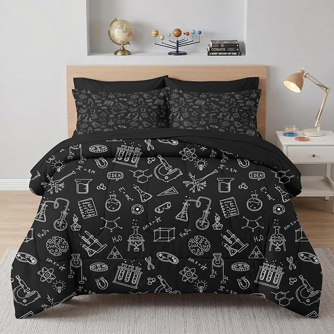 Nesker Comforter Set King Size, Science Lab School 7 Pcs Bedding for Kids and Adults, Medical University Chemistry Bed Sheet Sets with Fitted Sheet 2 Pillowcases & 2 Shams
