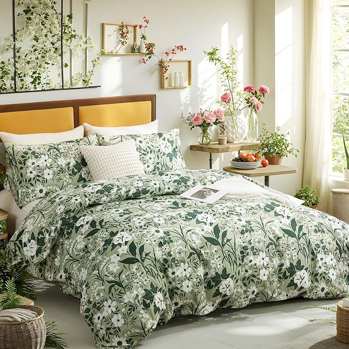 Green Floral Duvet Cover Queen 100% Cotton Decorative Emerald Comforter Cover 3 Pcs Set Dark Green Botanical Duvet Cover with Zipper Ties 2 Pillowcases Tropical Floral Bedding