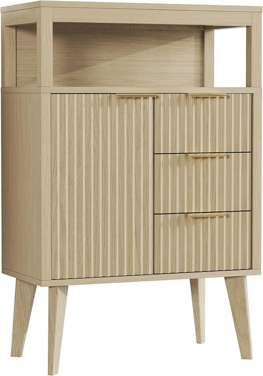 Natural Wood Bathroom Floor Cabinet with 3 Fluted Drawers & Door, Modern Storage Sideboard with Open Shelf, Coffee Bar Station for Living Room, Entryway, 23.6 x 11.8 x 34.6 Inches